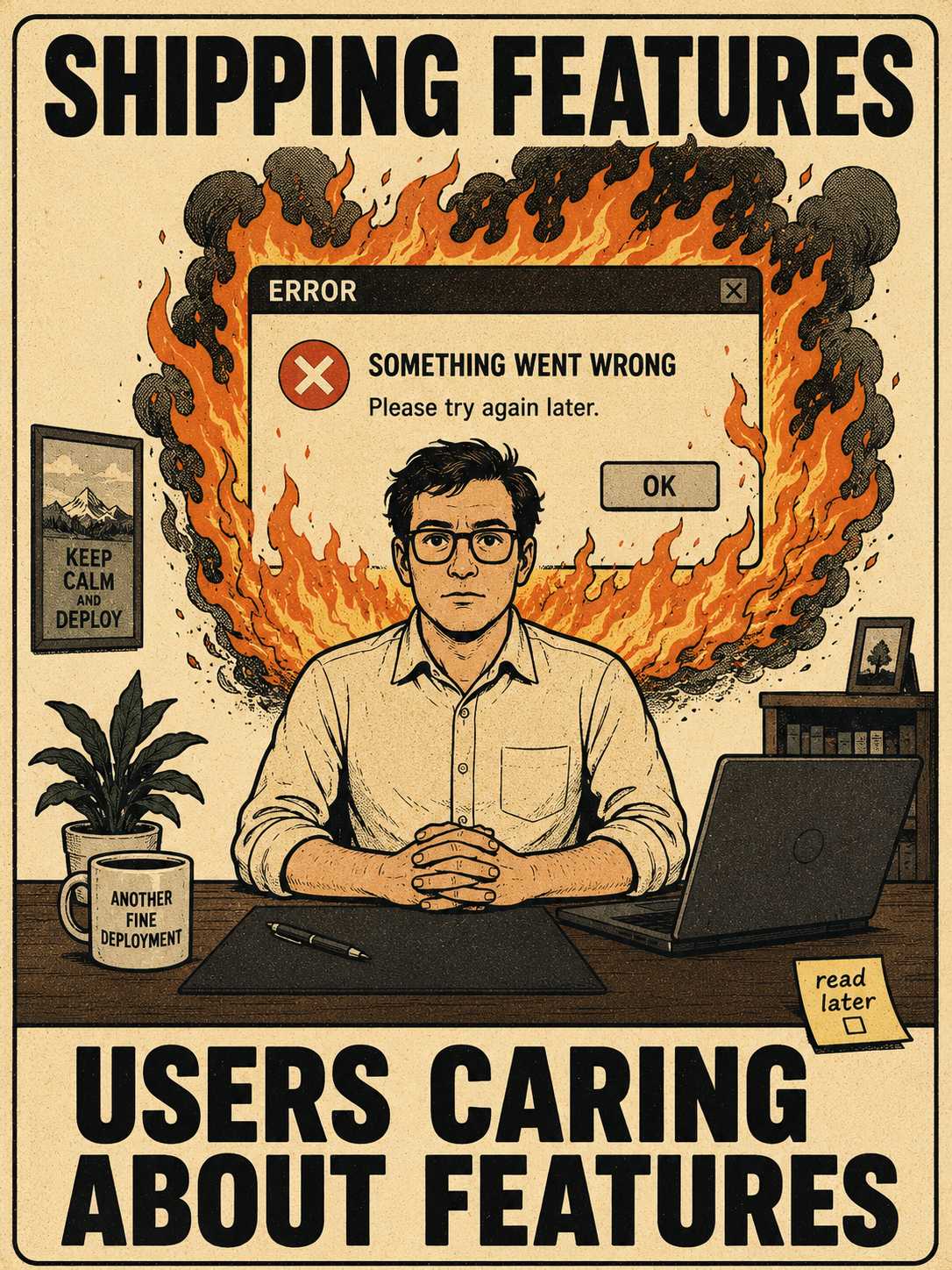 Person at desk ignoring an on-fire modal notification dialog behind them