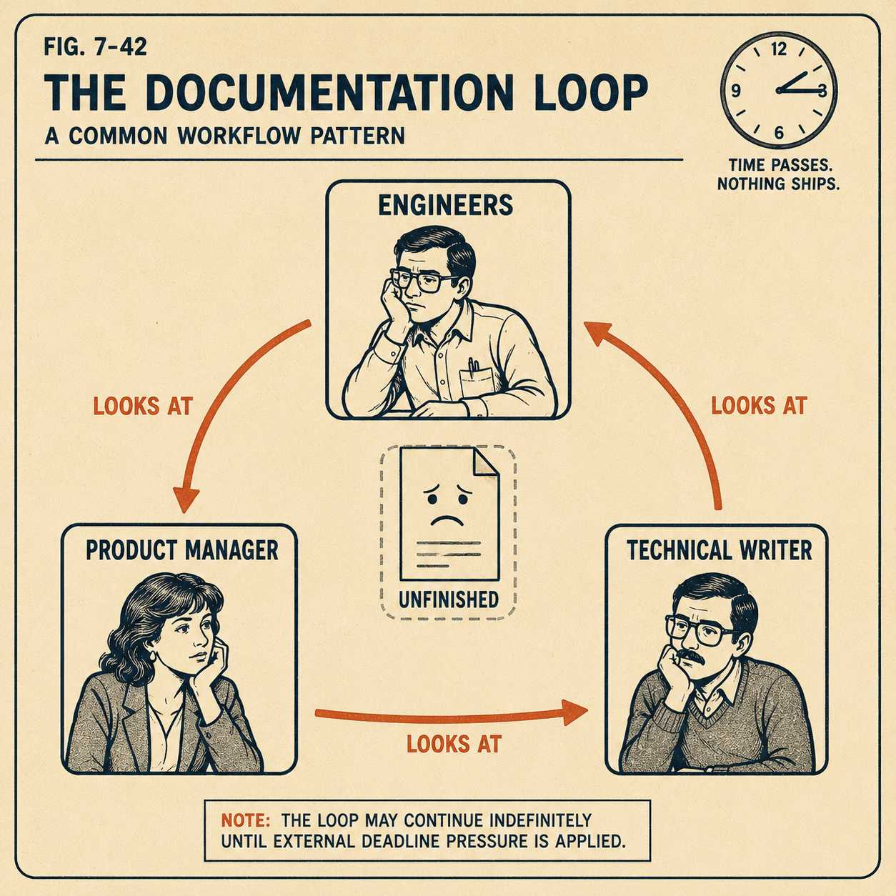 Three roles passing responsibility in a loop, with unfinished document in the center