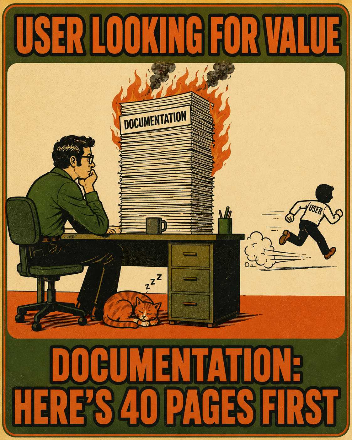 Person overwhelmed by documentation stack while user runs away
