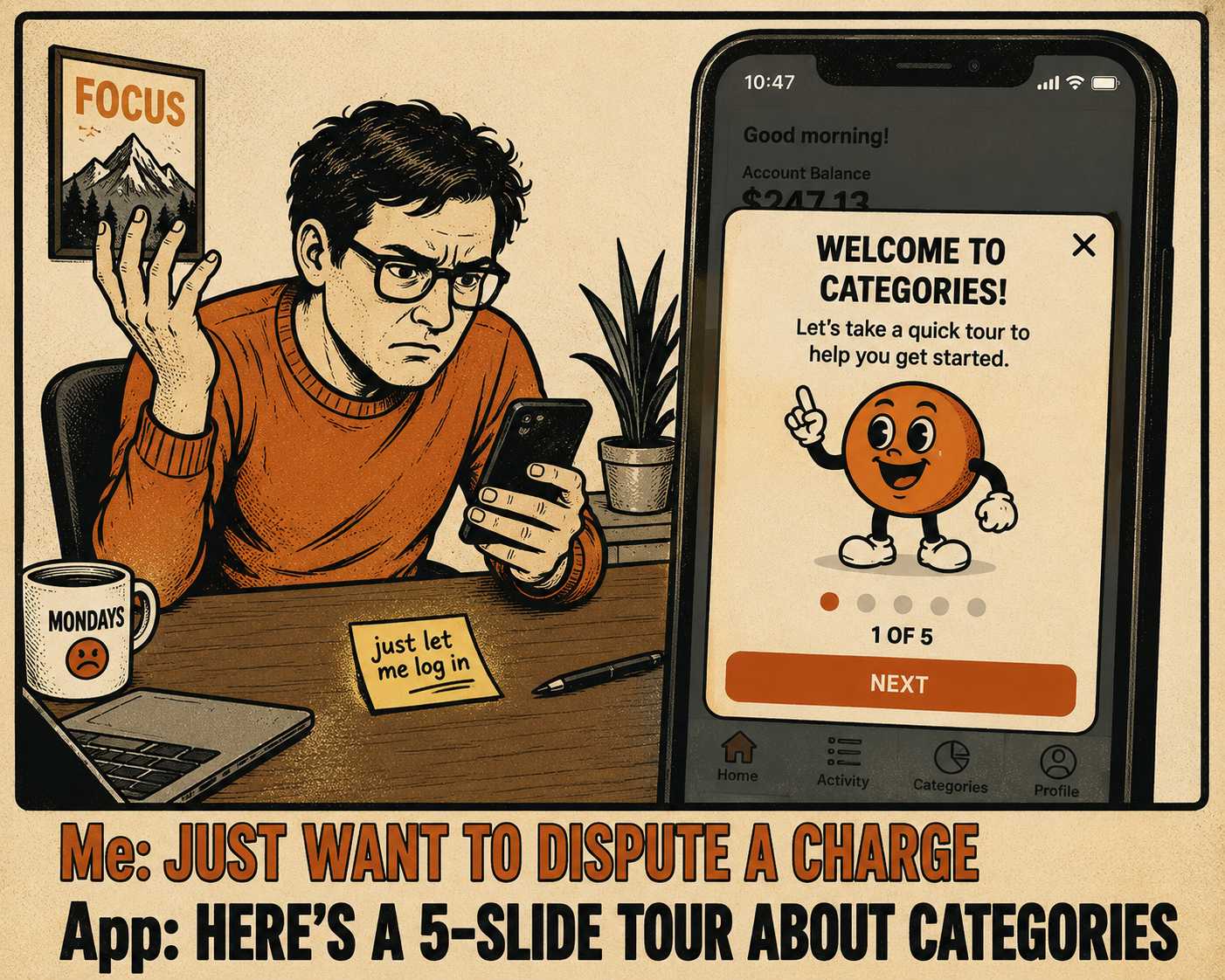 User frustrated at desk being interrupted by modal popup on phone screen.