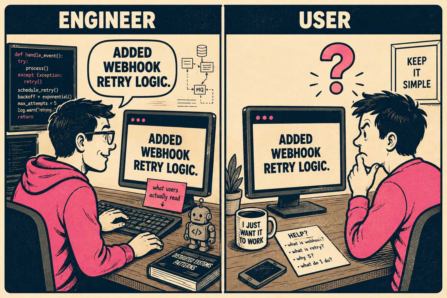 Engineer speaking technical jargon versus confused user reading the same words