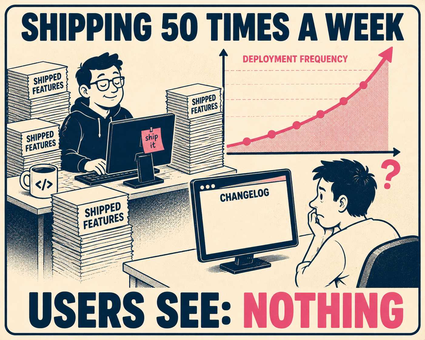 Developer shipping features while users stare at blank changelog, text reads shipping vs visibility