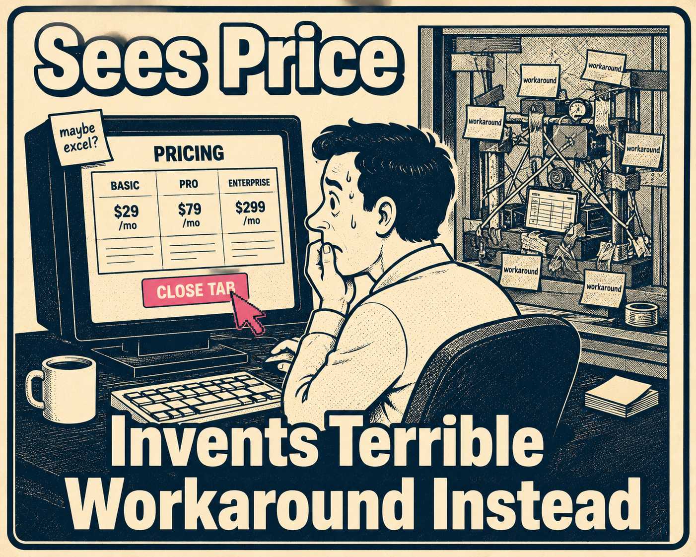 User hovering over close button instead of upgrade button, surrounded by imaginary workarounds