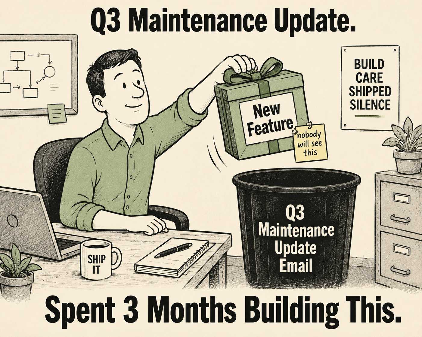 Software engineer carefully placing a gift box into a trash can labeled Q3 Maintenance Update
