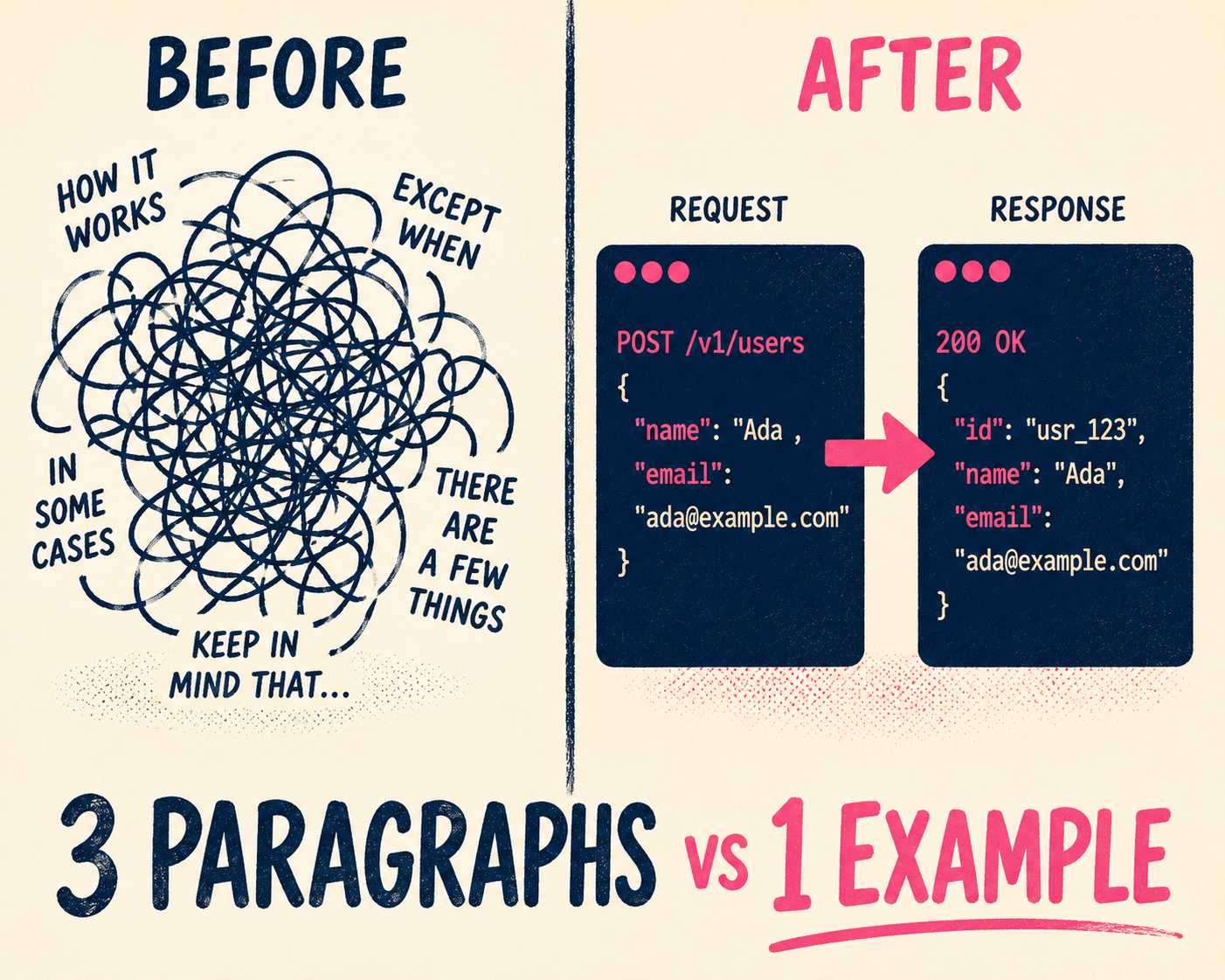 Side-by-side comparison of complex prose versus simple code example