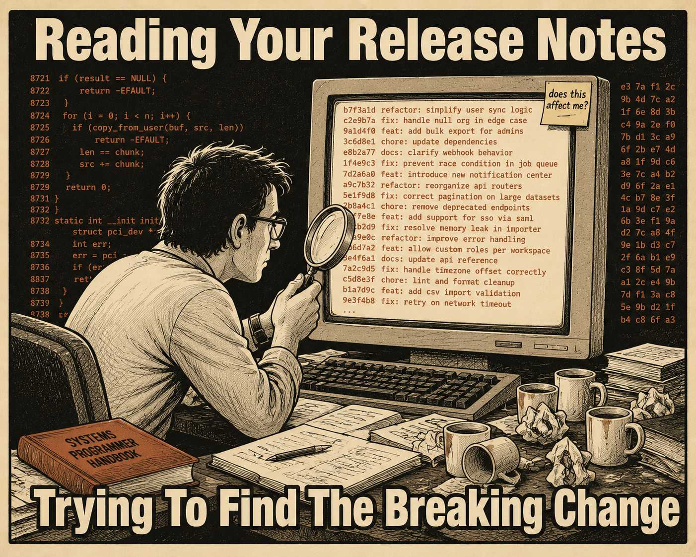Developer with magnifying glass searching through dense text for relevant information