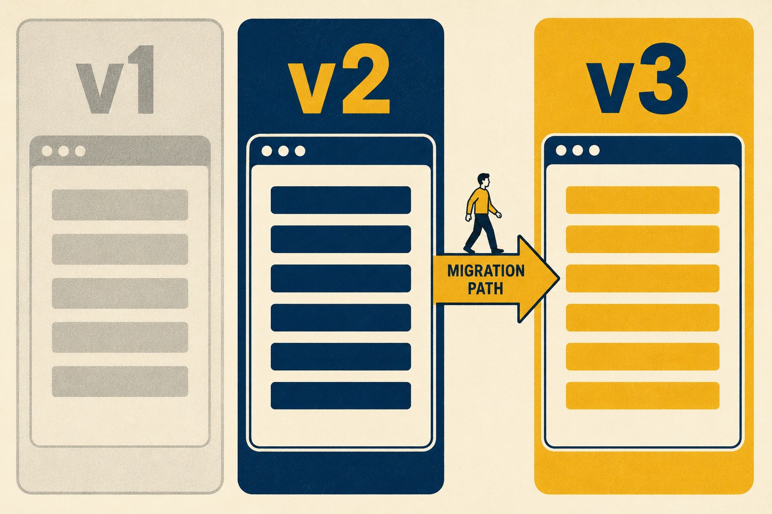 Three API version columns showing v1 deprecated, v2 current with highlighted endpoints, v3 emerging with migration path.