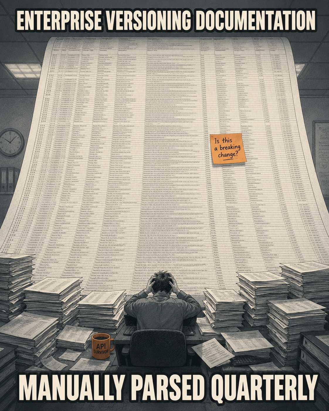 Overwhelmed engineer drowning in documentation pages with a sticky note asking if something is a breaking change.
