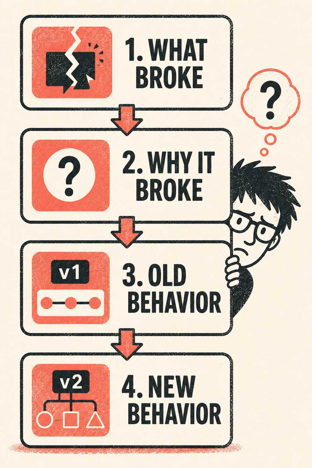 Four-part structure: what broke, why, old behavior, new behavior.