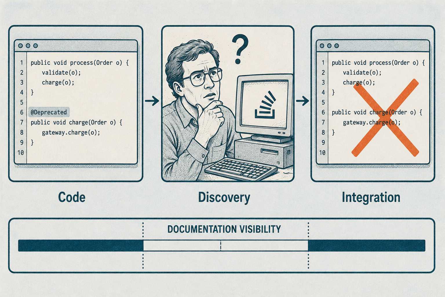 Three-panel flow showing deprecated code annotation, developer discovery, and unintended integration