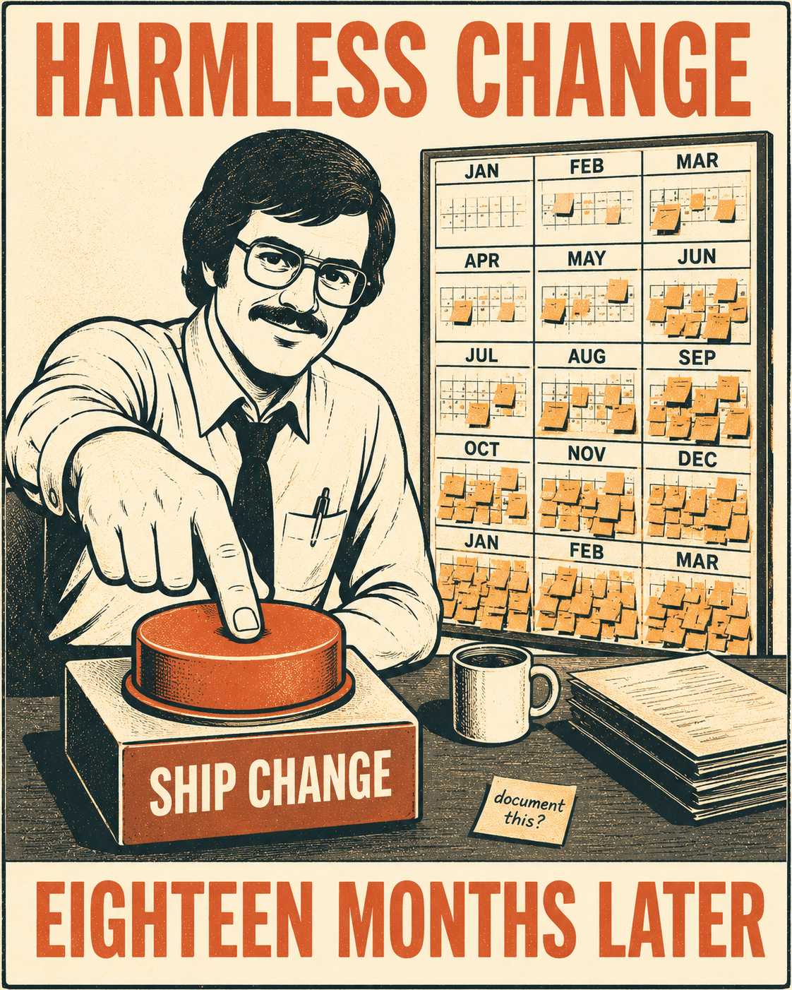 Engineer shipping a change while ignoring a tiny sticky note reminder to document it
