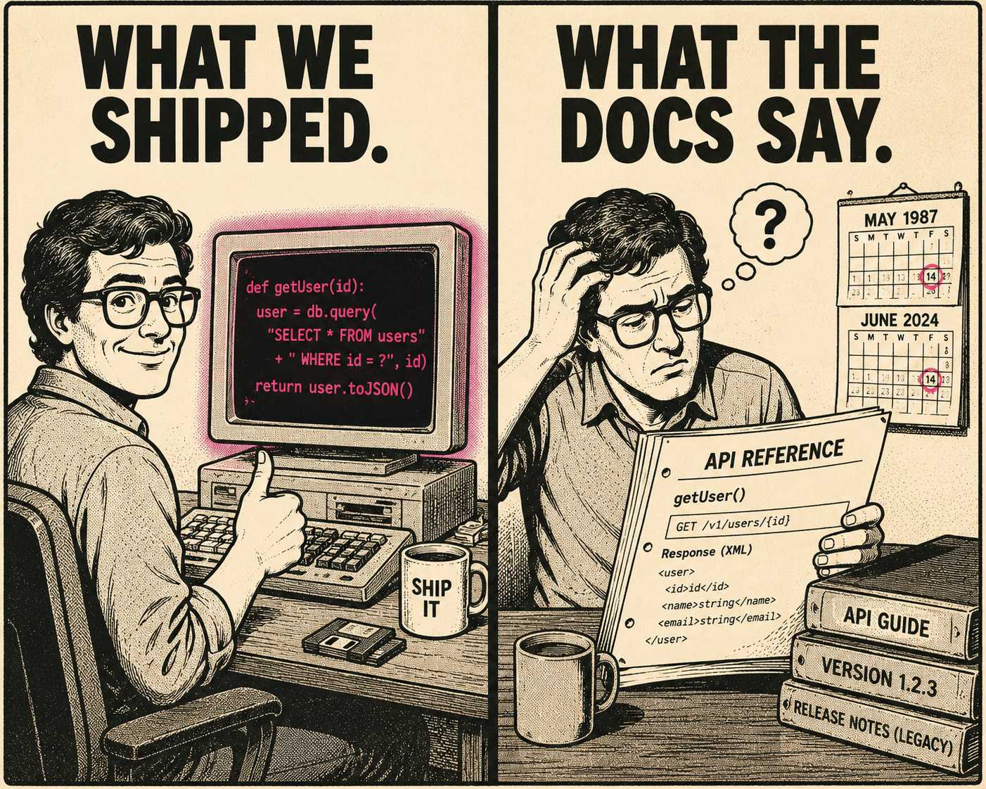 Split-panel meme comparing deployed code versus outdated API documentation