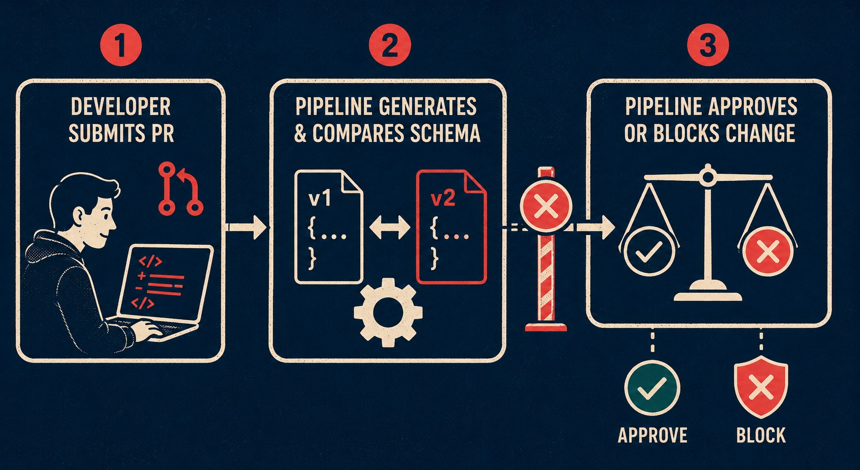 Three-stage flow diagram of CI/CD pipeline detecting breaking API changes