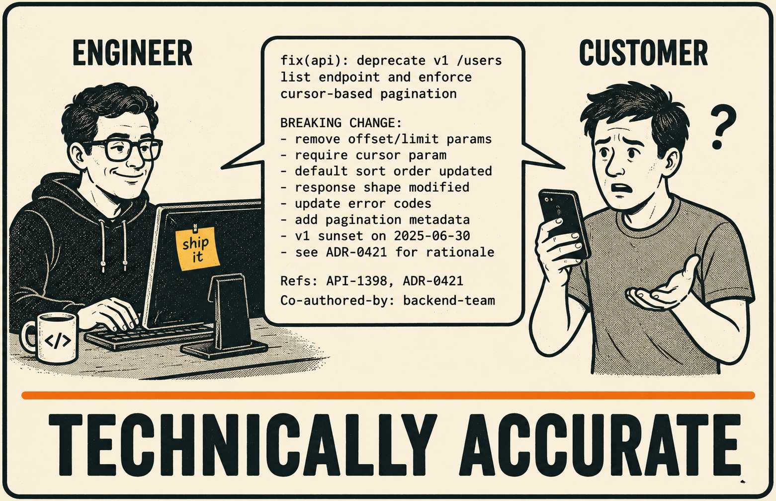 Engineer satisfied with commit message, customer confused by it