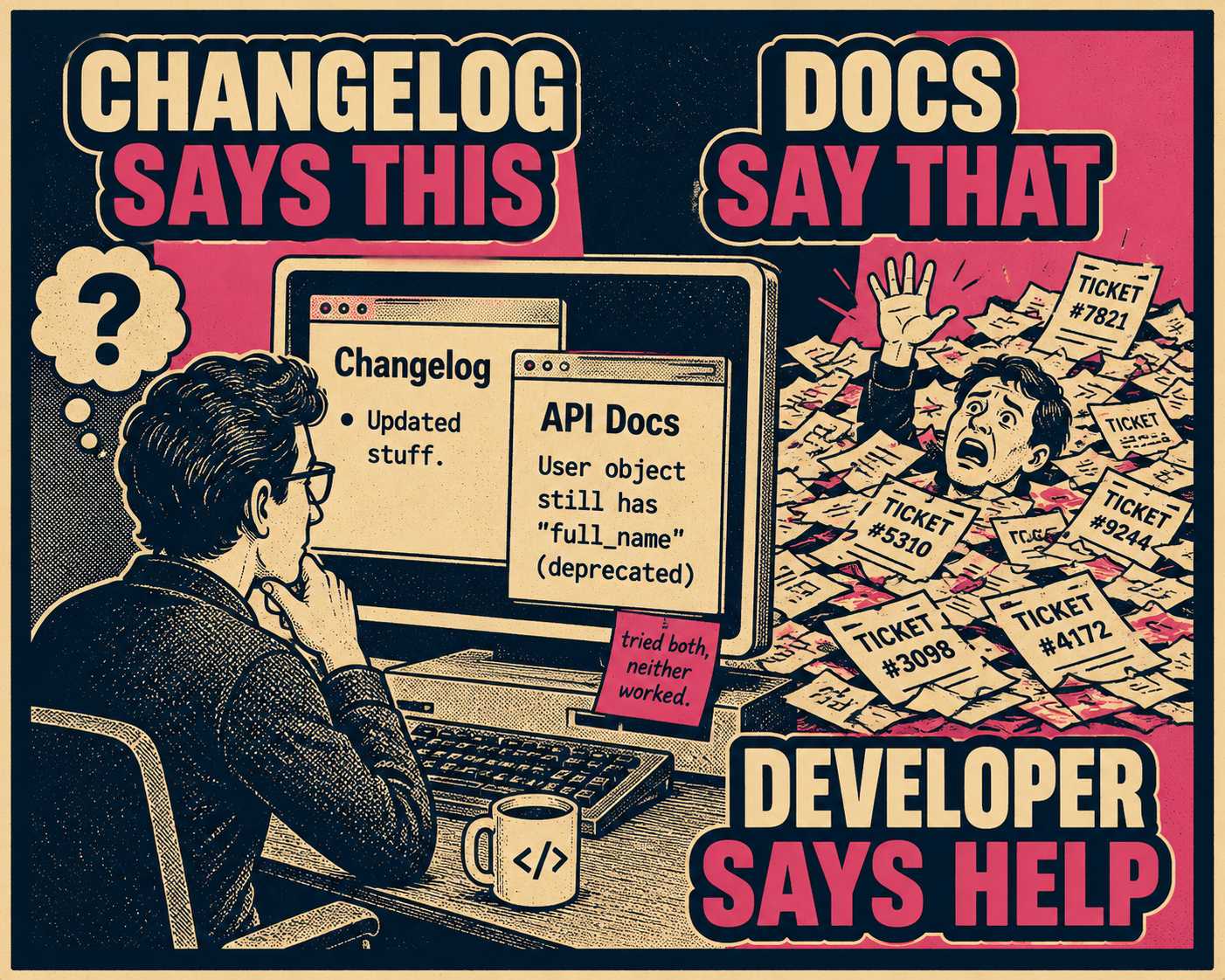 Developer staring at conflicting changelog and API documentation with support tickets piling up