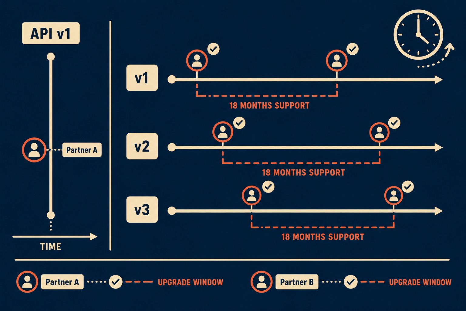 Timeline diagram showing three API versions with partners pinned to different versions over time.