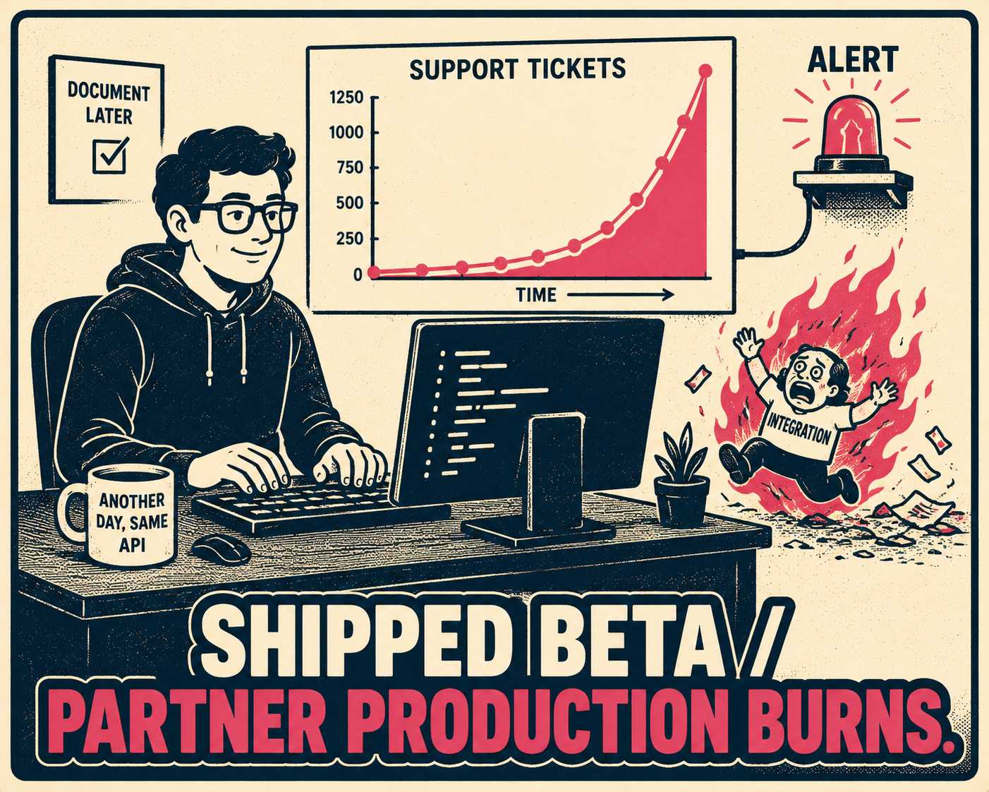 Developer calmly typing while background shows spiking support tickets and burning integration.