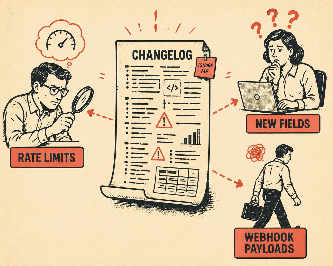 Three developer personas with different needs surrounding one generic changelog document