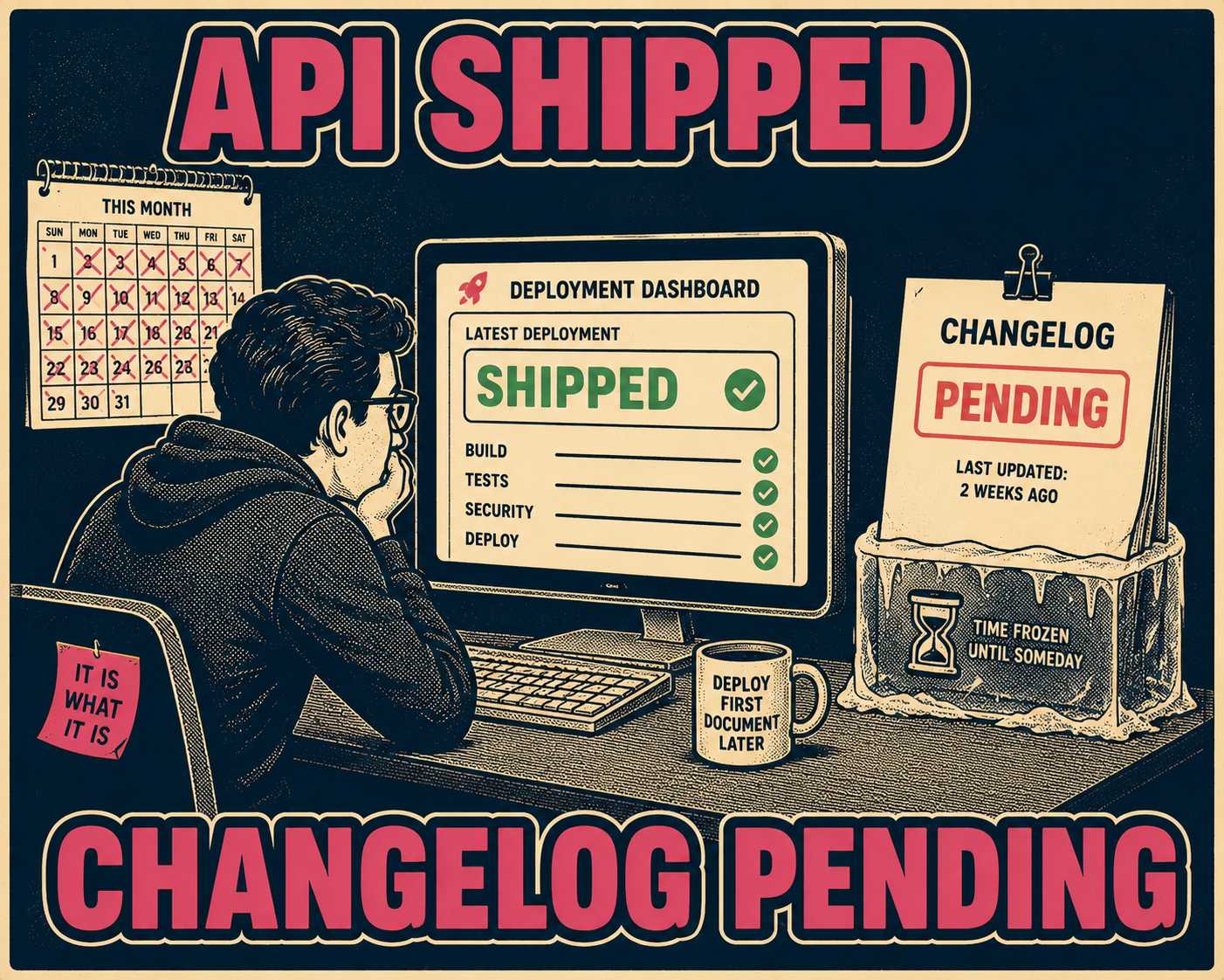 Developer at desk with shipped API and pending changelog, resigned expression
