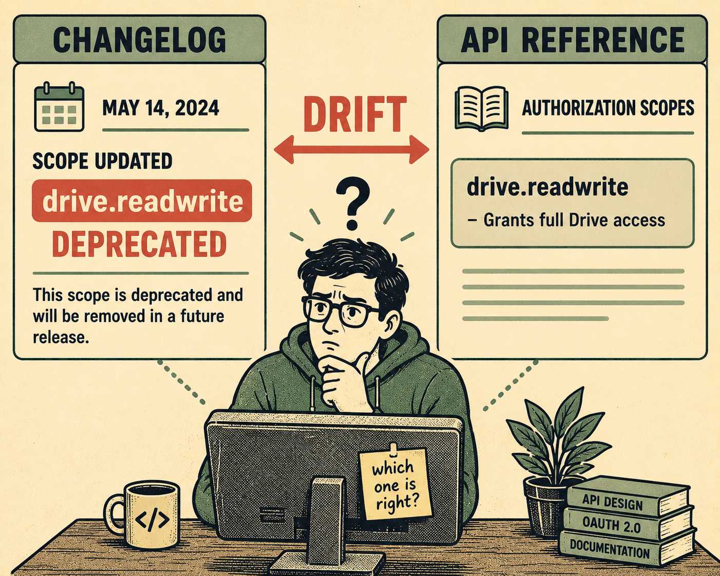 Split diagram showing changelog and reference docs with contradictory information and confused developer