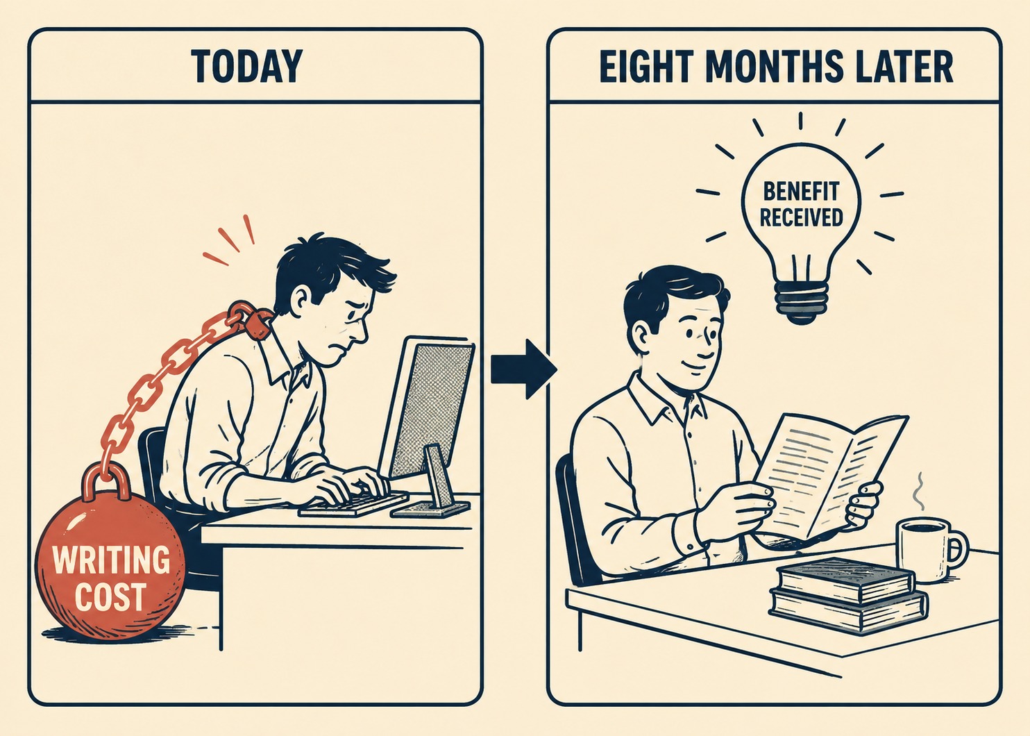 Two-panel diagram: writer bearing cost on left, future reader receiving benefit on right