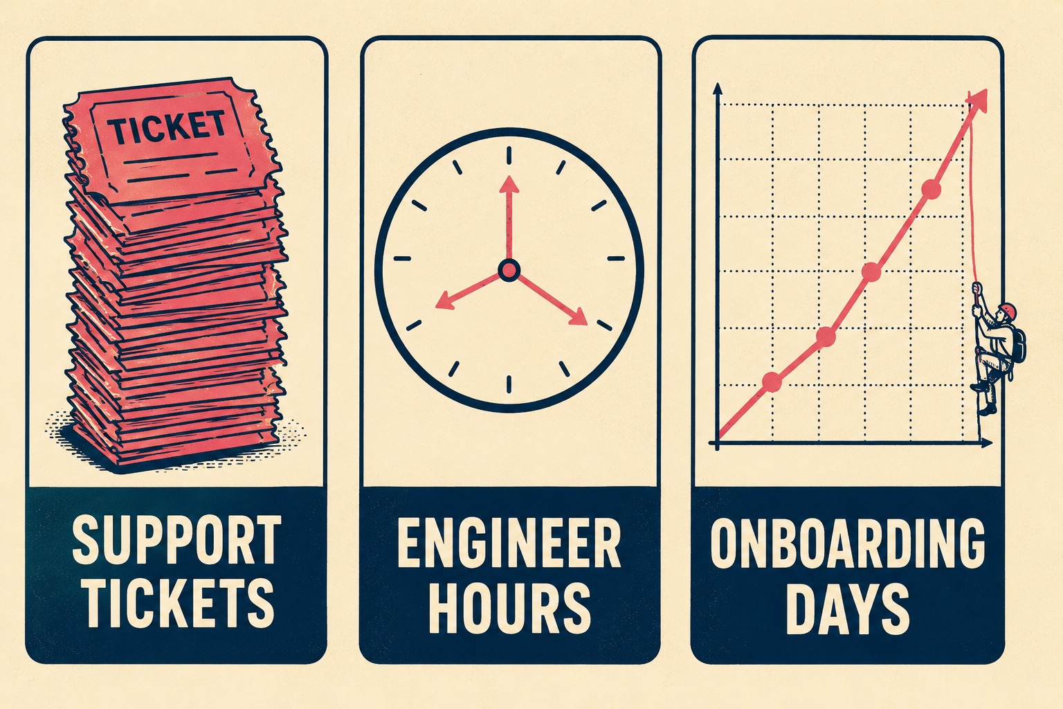 Three columns showing support tickets, engineer hours, and onboarding days as baseline metrics
