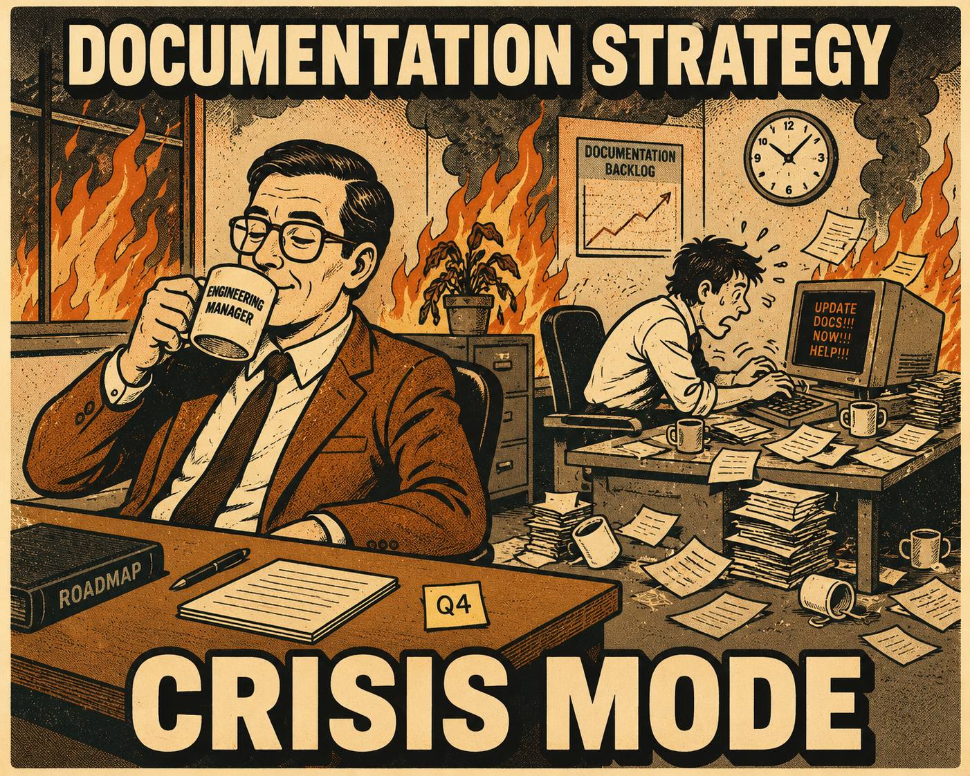 Manager drinking coffee while crisis unfolds; office burning in background