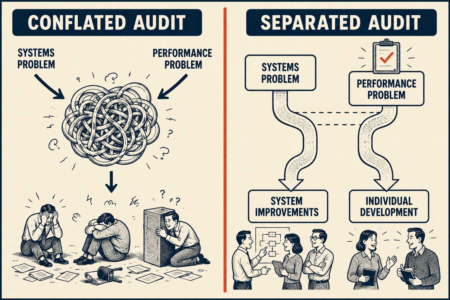 Before-and-after diagram showing conflated audit as tangled knot versus separated audit as parallel pathways.