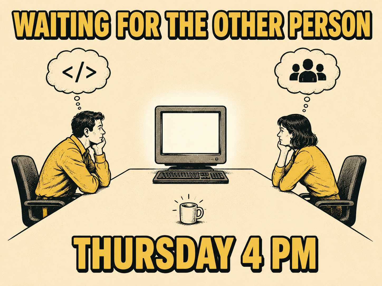 Two figures sit facing a blank screen, each waiting for the other to write