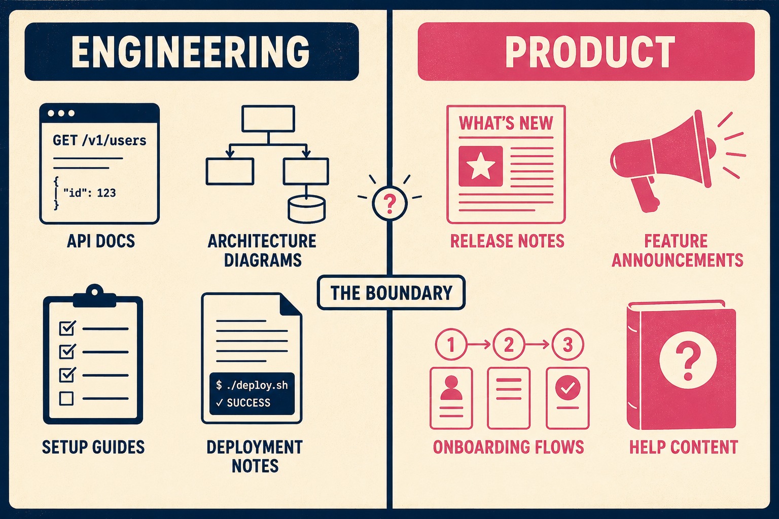 Two-column diagram showing documentation ownership split between engineering and product