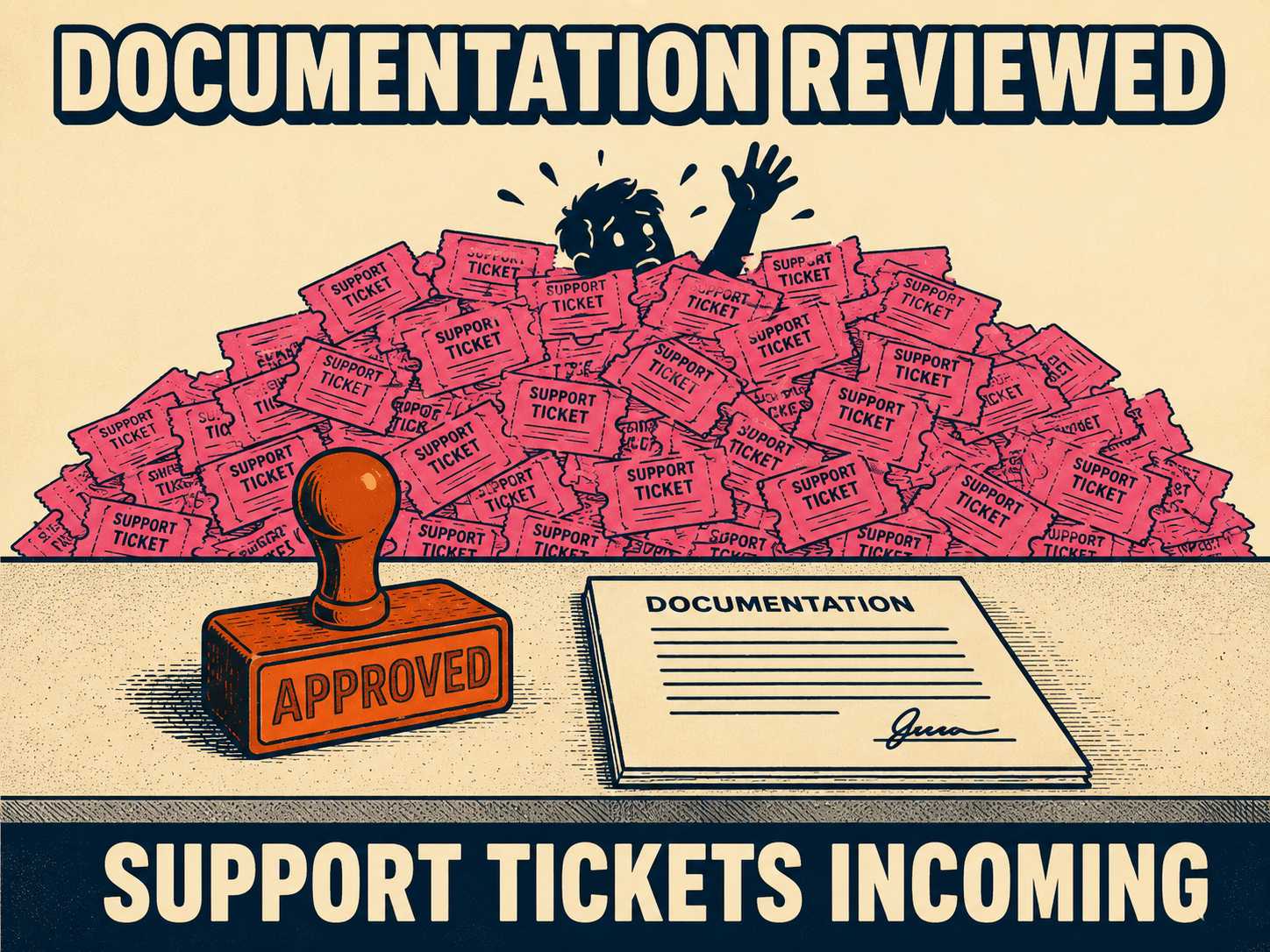Approved document next to person overwhelmed by support ticket stack