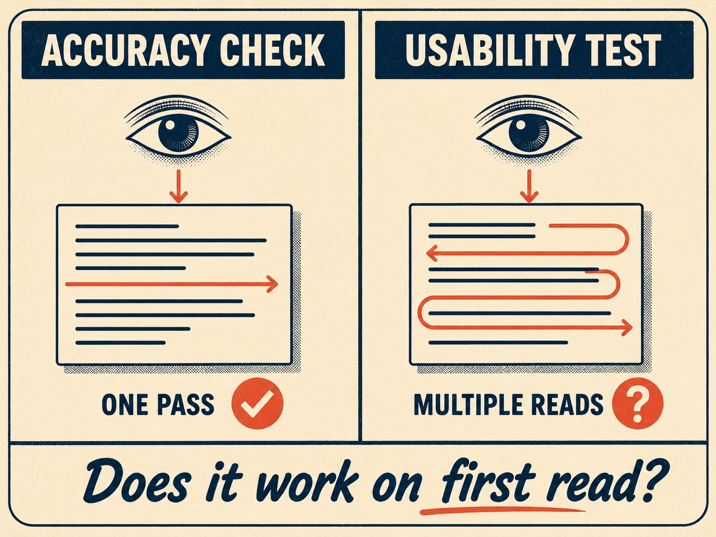 Two-column diagram comparing single-pass accuracy check versus iterative usability testing