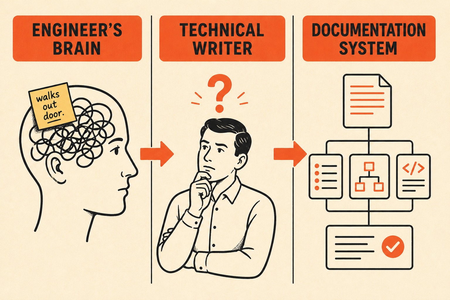 Flow diagram showing knowledge extraction from engineers to scalable documentation