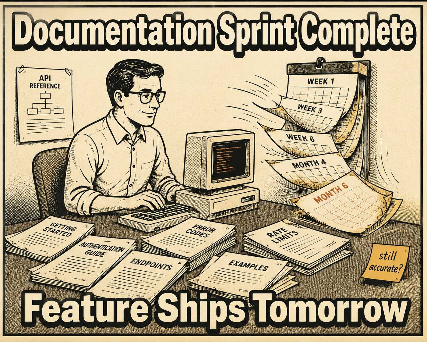 Person at desk surrounded by outdated documentation while calendar flips behind them