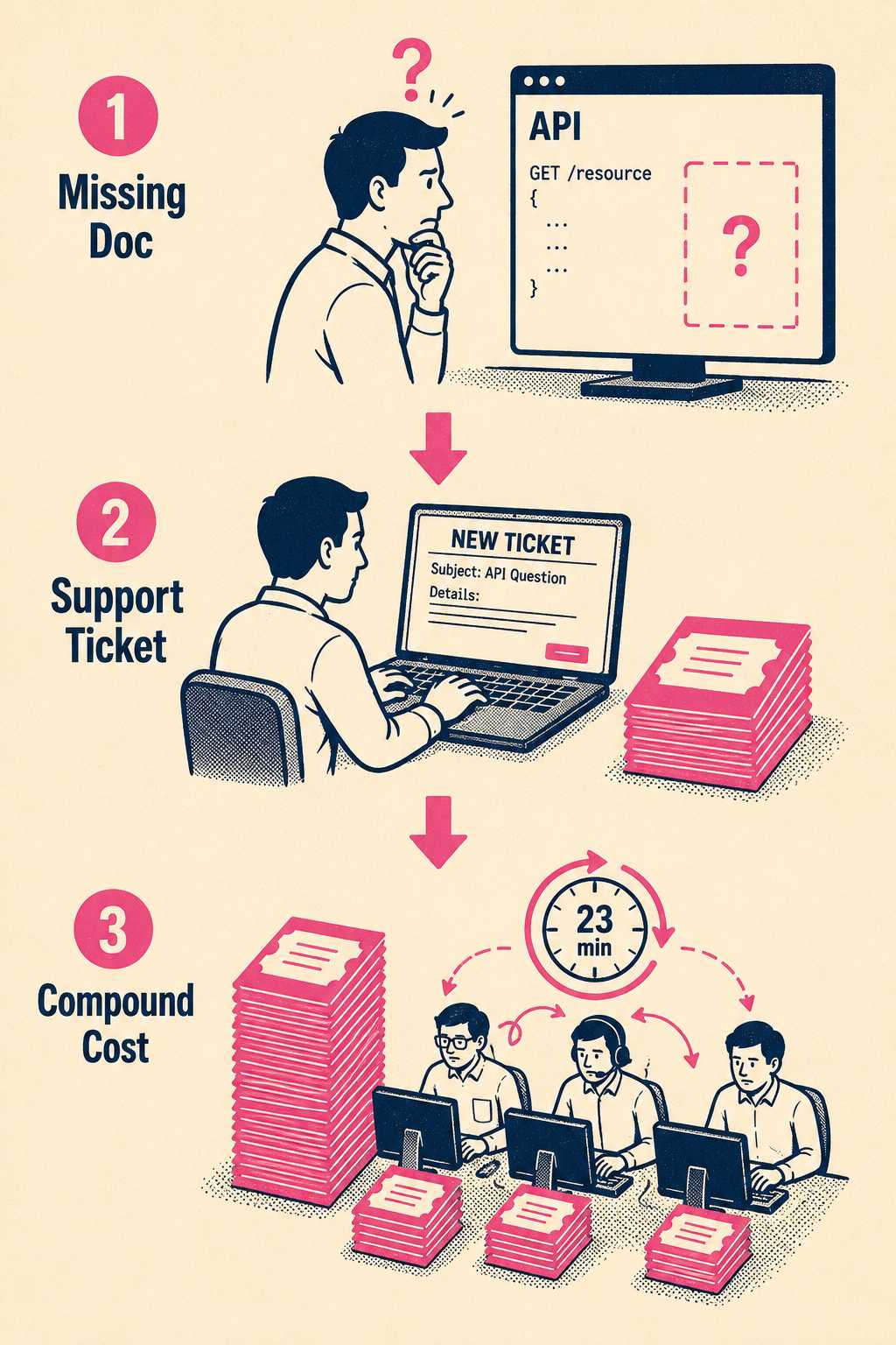 Three-stage flow showing missing documentation leading to support tickets and compounding engineer costs.
