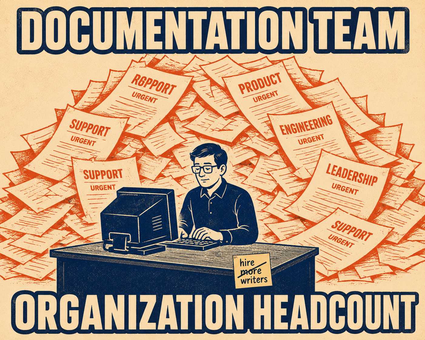 Figure buried under cascading orange papers labeled with urgent requests, calmly typing.