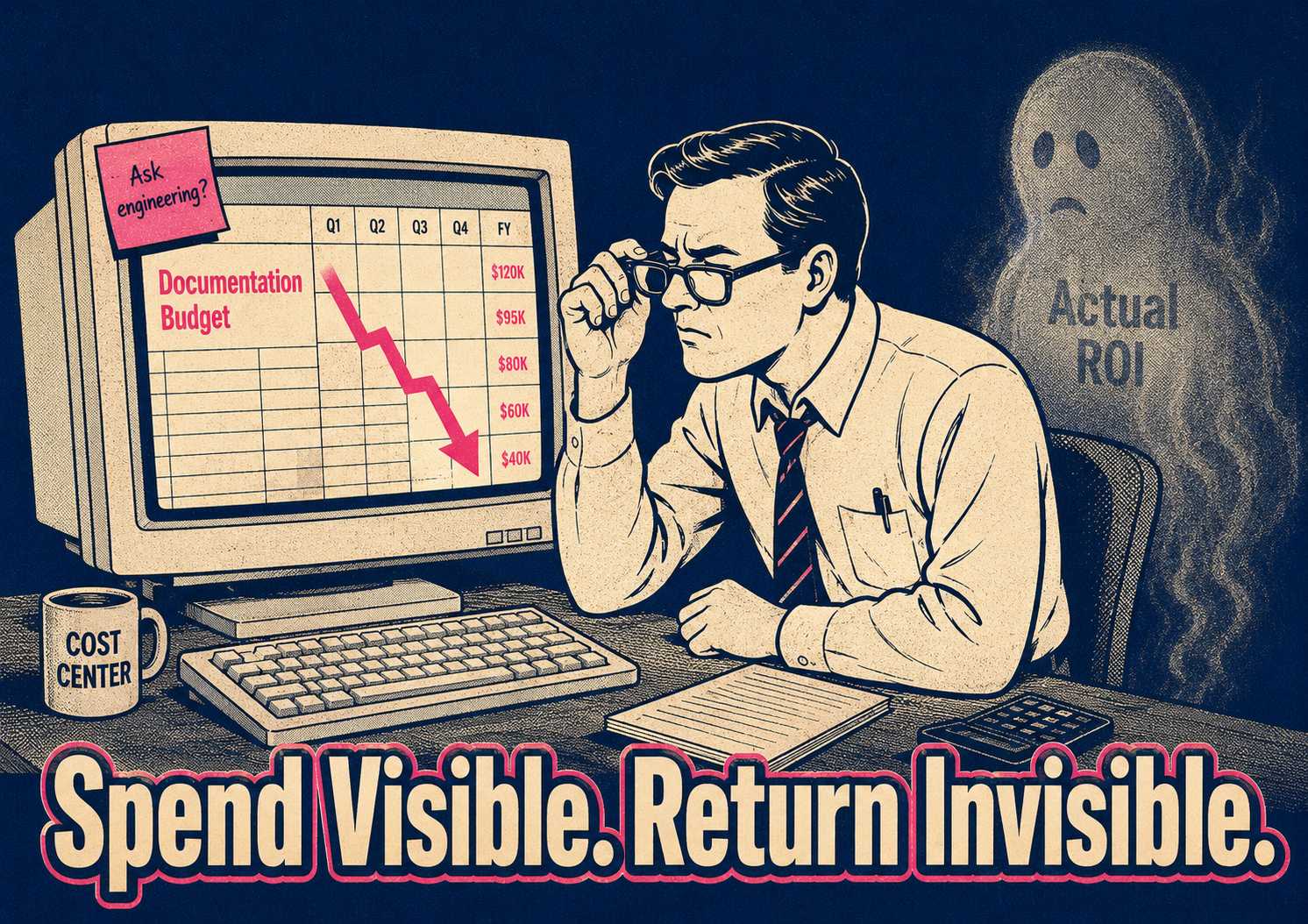 Finance worker staring at invisible documentation ROI while budget line item glows in pink.