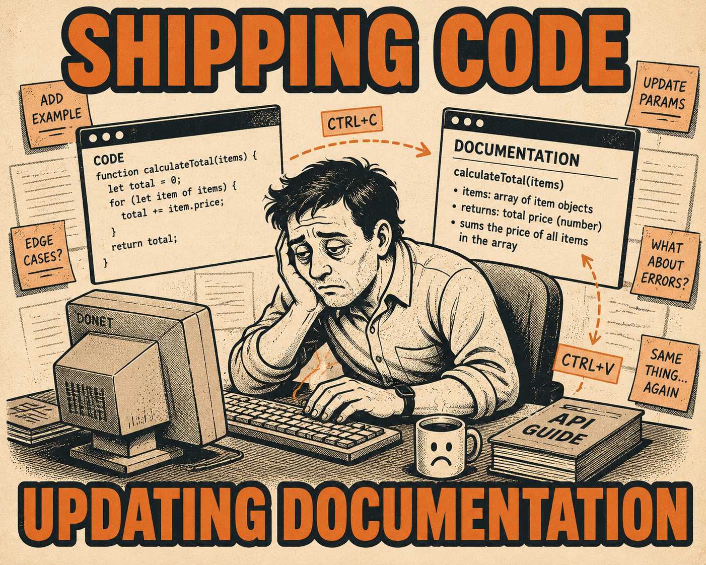Developer hunched at desk surrounded by windows, copy-pasting work items repeatedly