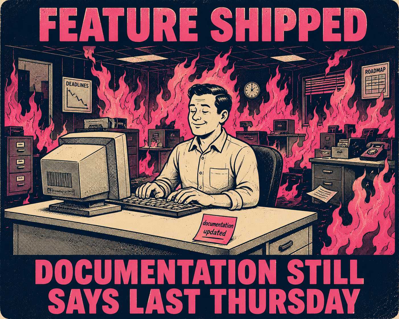 Developer calmly working while office burns, labeled 'Feature Shipped' and 'Documentation Still Says Last Thursday'