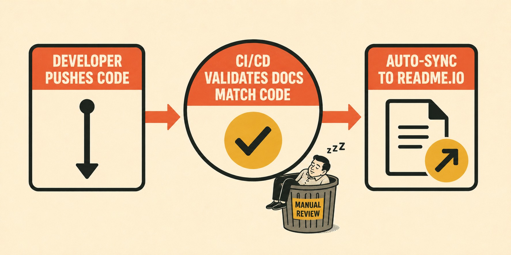 Three-step horizontal flow: push code, validate docs, auto-sync to ReadMe
