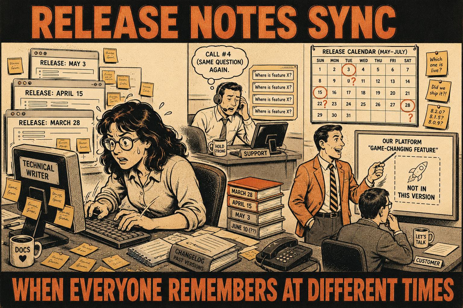 Technical writer surrounded by sticky notes and browser tabs while support team repeats answers