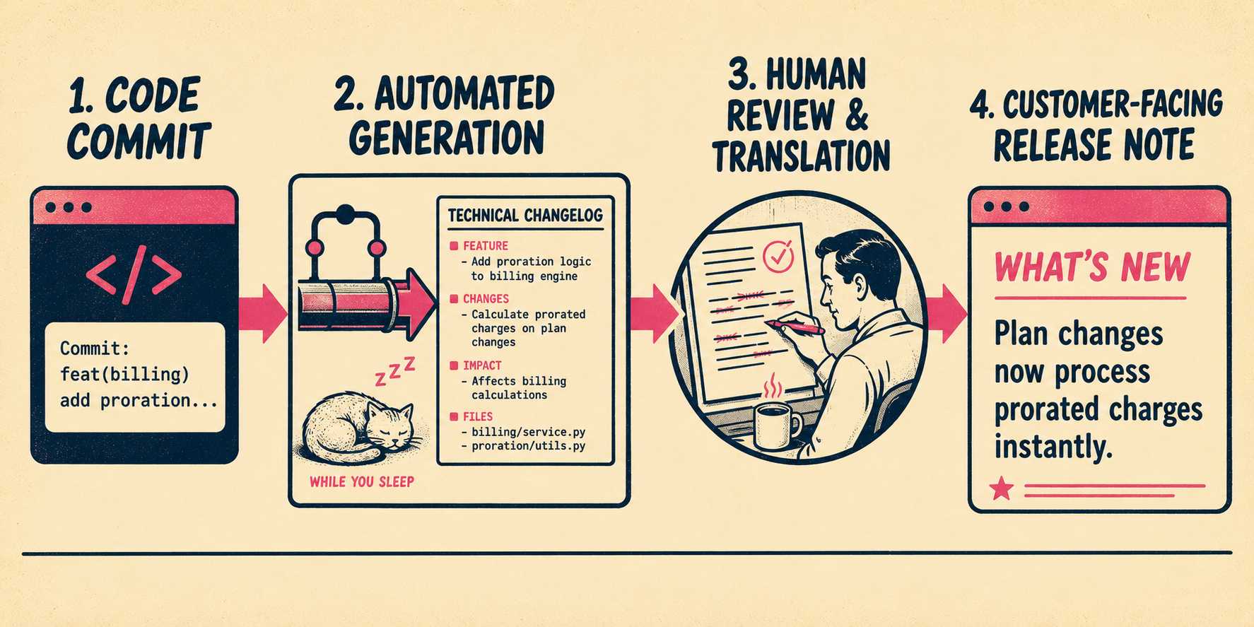 Flow diagram showing automation generating changelog, then human review translating it for customers