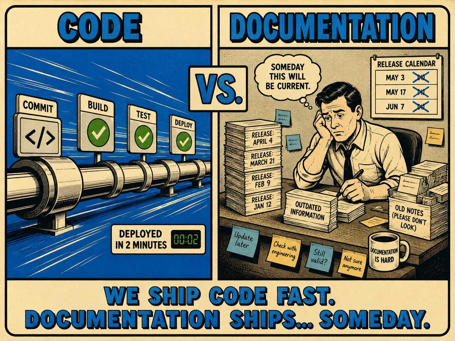 Split-screen meme: fast deployment pipeline versus outdated documentation stacks