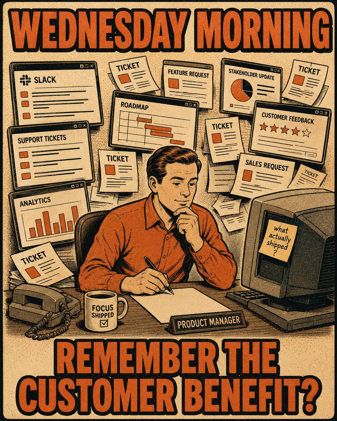 Product manager at desk surrounded by screens, staring at blank document, calm amid chaos