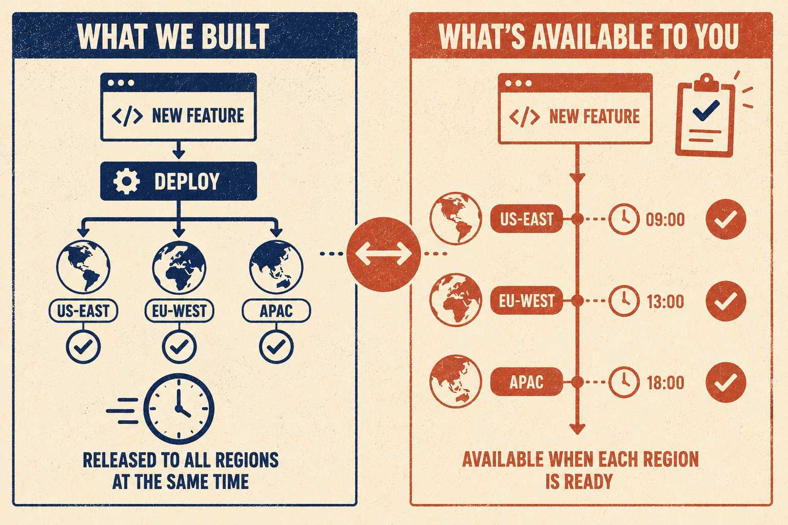 Two parallel documentation flows: deployment versus customer-facing feature availability across regions