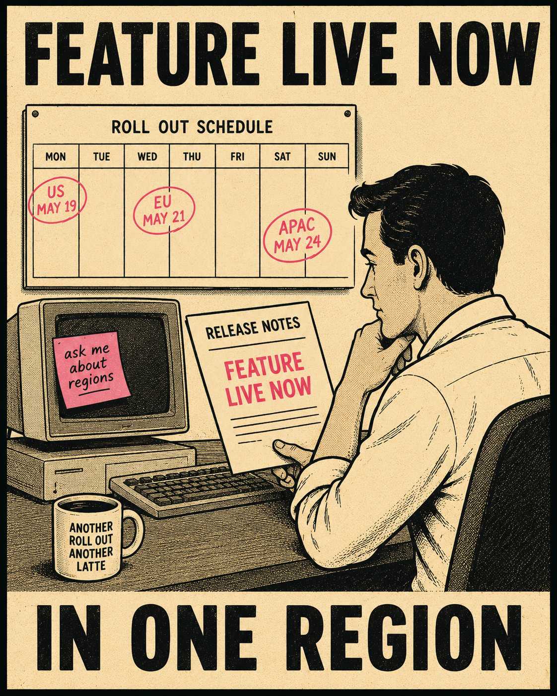Person reading release notes at desk with misaligned regional rollout calendar in background