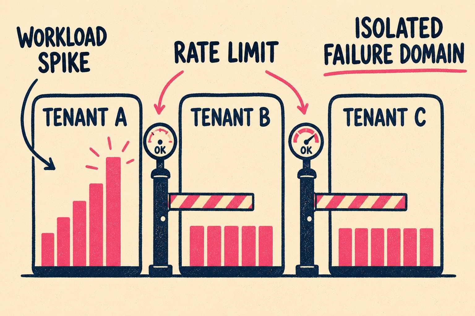 Three tenant lanes with one spiking workload contained by rate limiting barriers.