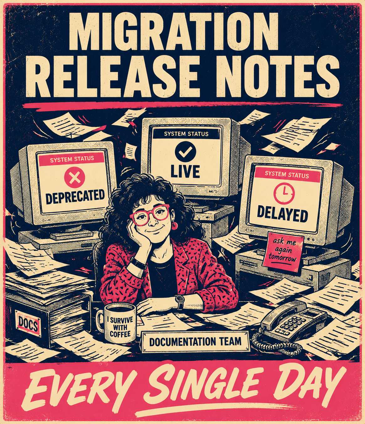 Documentation team member calmly working while surrounded by contradictory release information