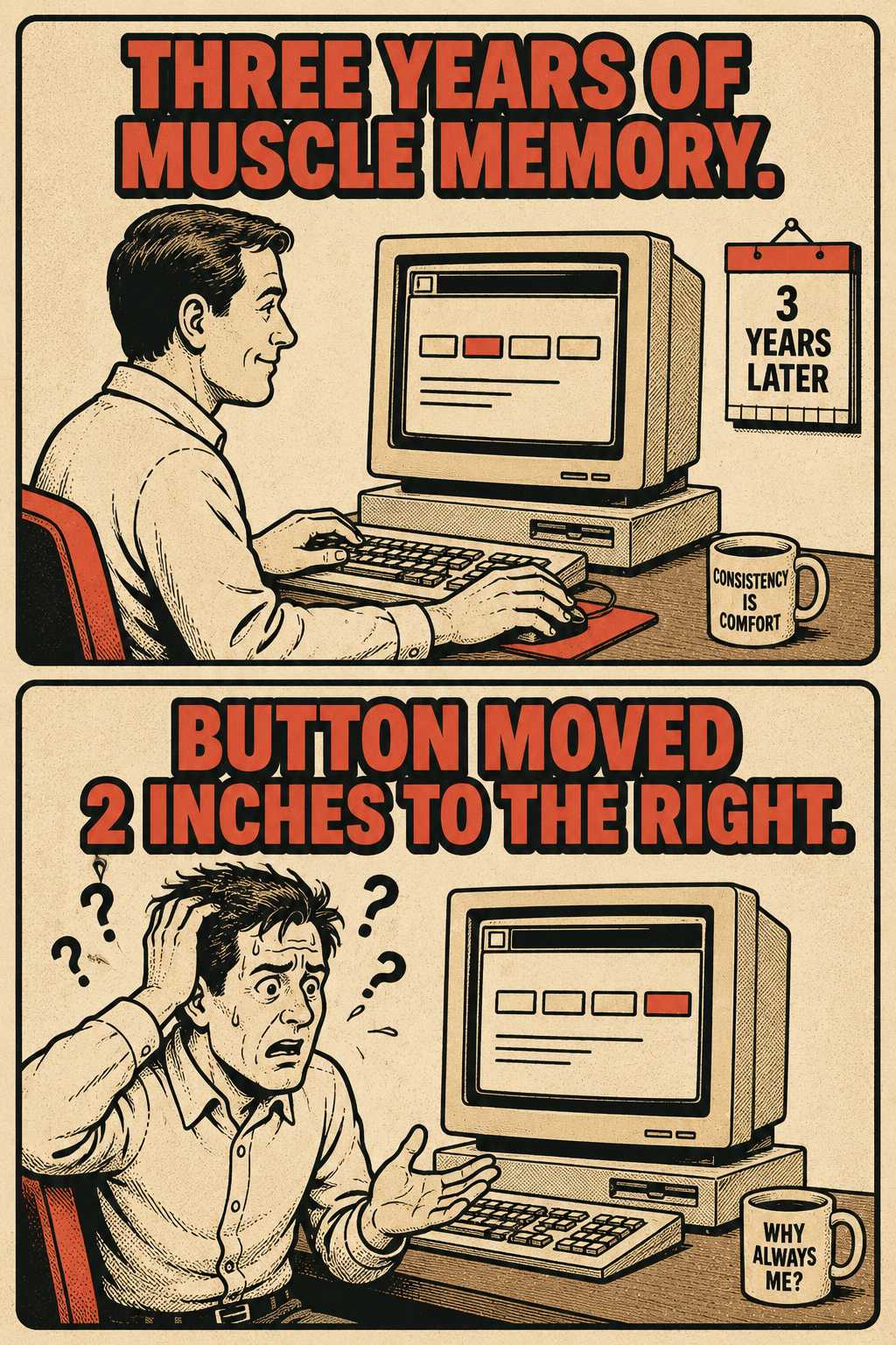 Two-panel meme comparing expert user versus confused user after interface change