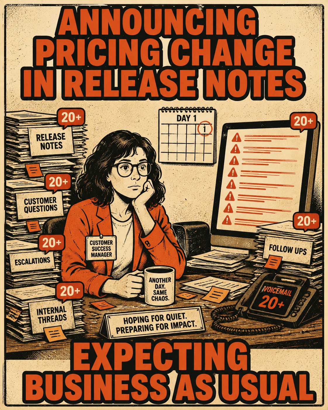 Manager surrounded by notifications and papers labeled with pricing change announcement chaos